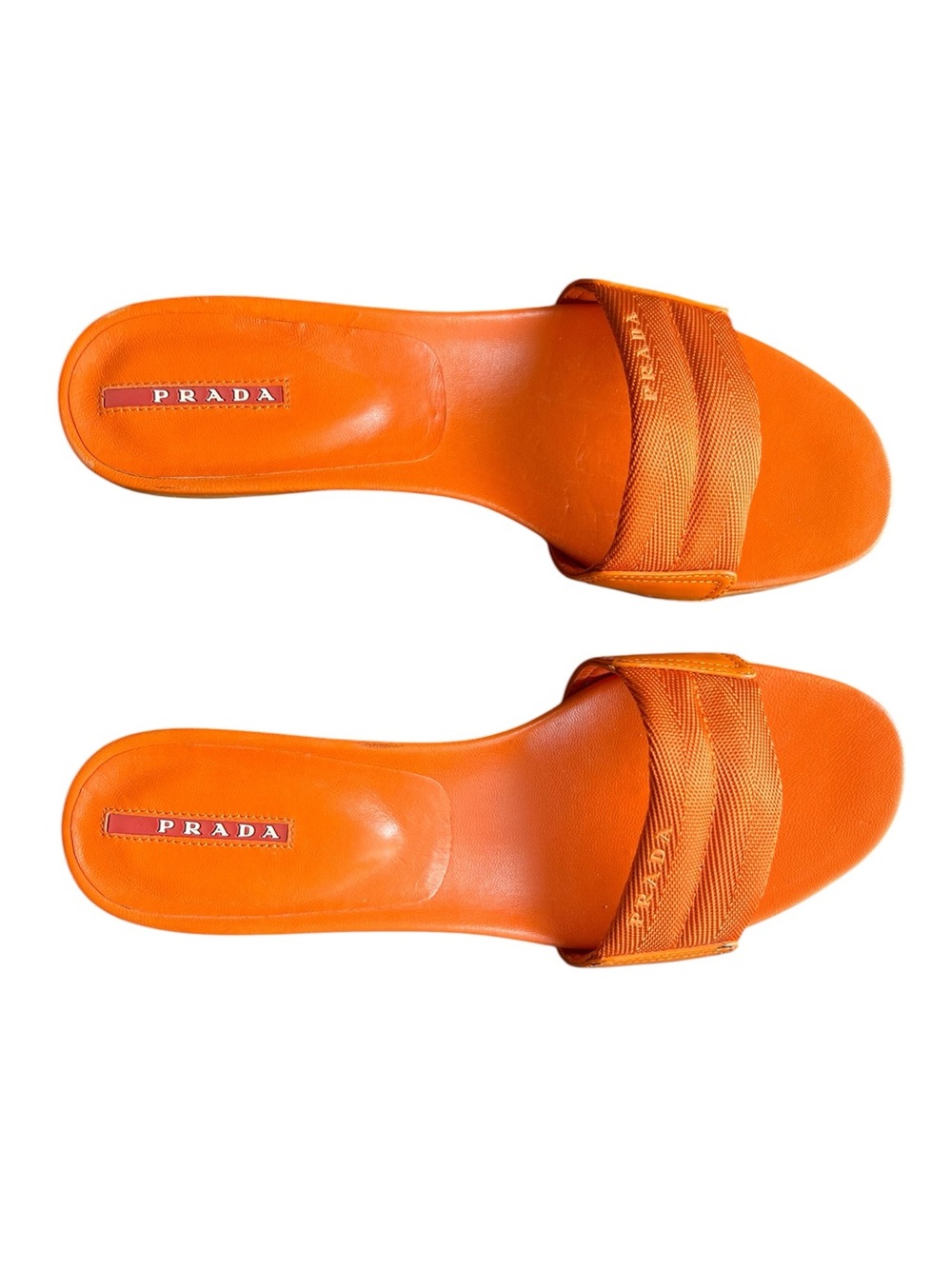 Prada Sport Vintage Women’s Nylon Logo Orange Kitten Heel Sandal Slides Heels 38 - Picture 2 of 13